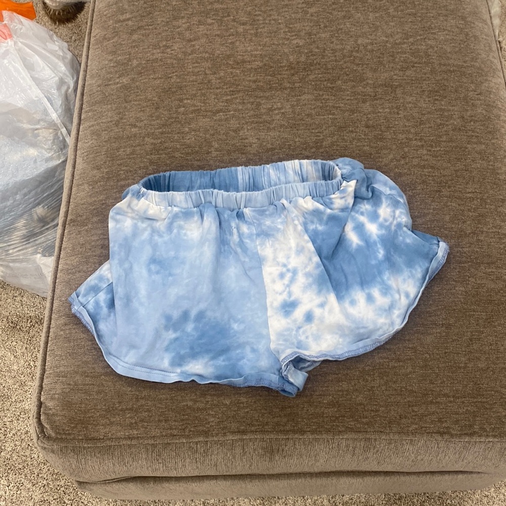 These shorts are off of Shein they are a size XS and are a blue and white tye dy